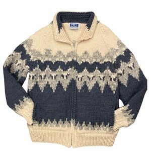 RANDALL COSCO for Longhouse L Blue Cream Grey Cowichan Wool Zip Sweater